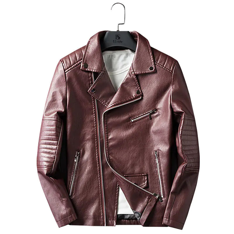 Men's Spring Autumn Leather Jacket with Zipper and Collar