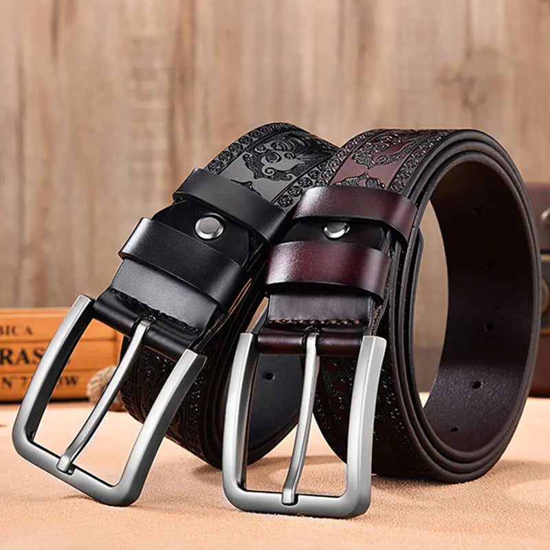 Retro Embossed Casual Men's Leather Belt - Black 3.8CM