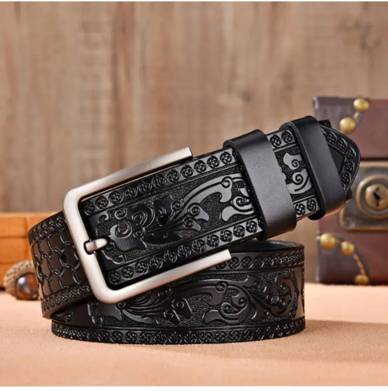 Retro Embossed Casual Men's Leather Belt - Black 3.8CM