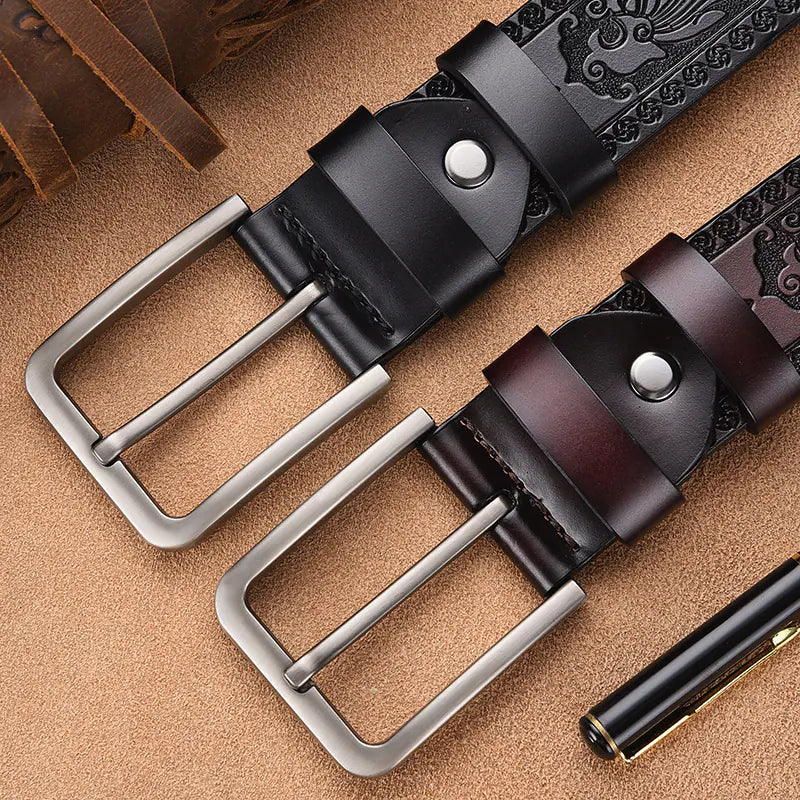 Retro Embossed Casual Men's Leather Belt - Black 3.8CM