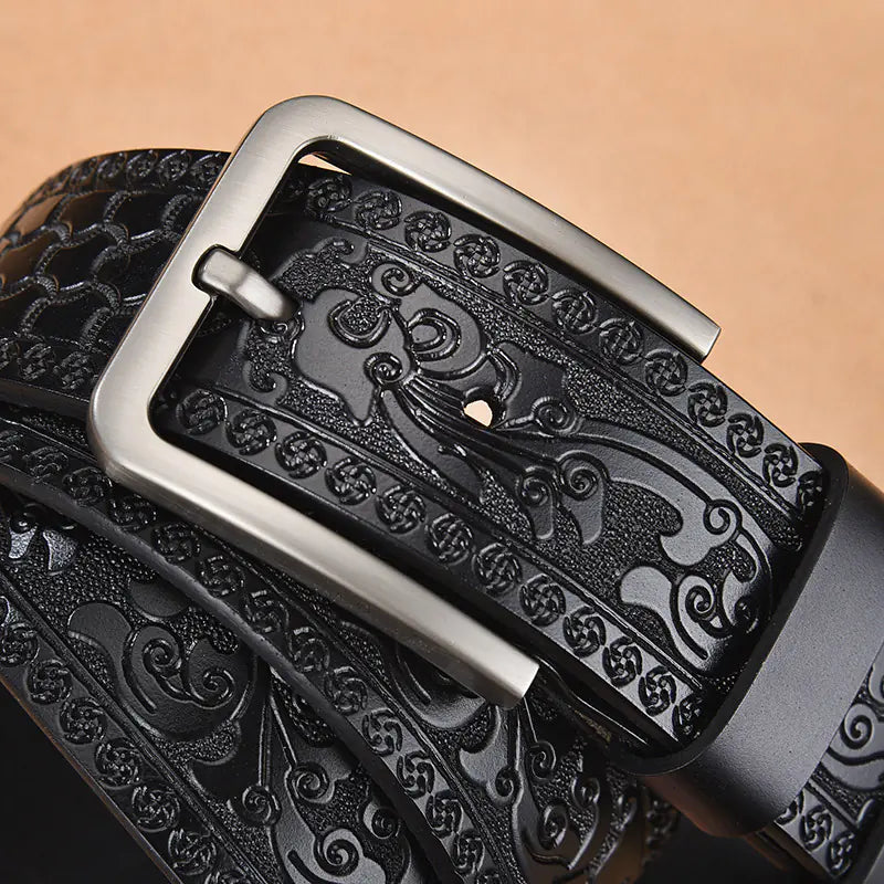 Retro Embossed Casual Men's Leather Belt - Black 3.8CM
