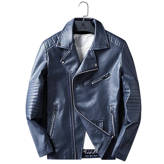 Men's Spring Autumn Leather Jacket with Zipper and Collar