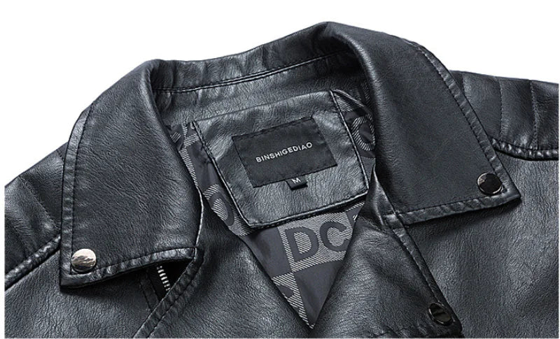 Men's Spring Autumn Leather Jacket with Zipper and Collar