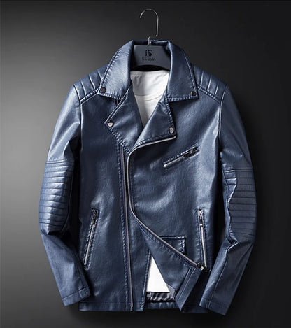 Men's Spring Autumn Leather Jacket with Zipper and Collar