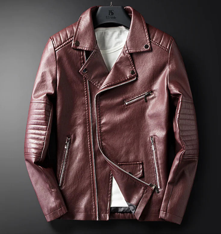 Men's Spring Autumn Leather Jacket with Zipper and Collar