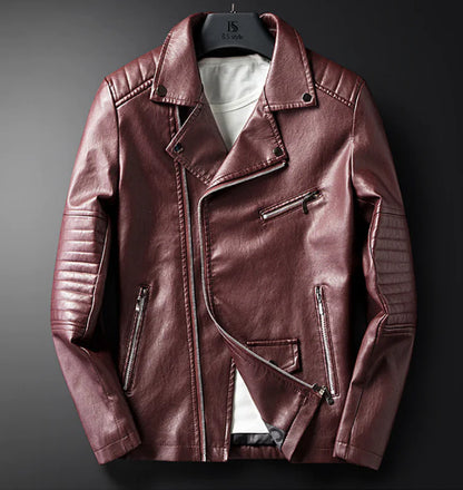 Men's Spring Autumn Leather Jacket with Zipper and Collar