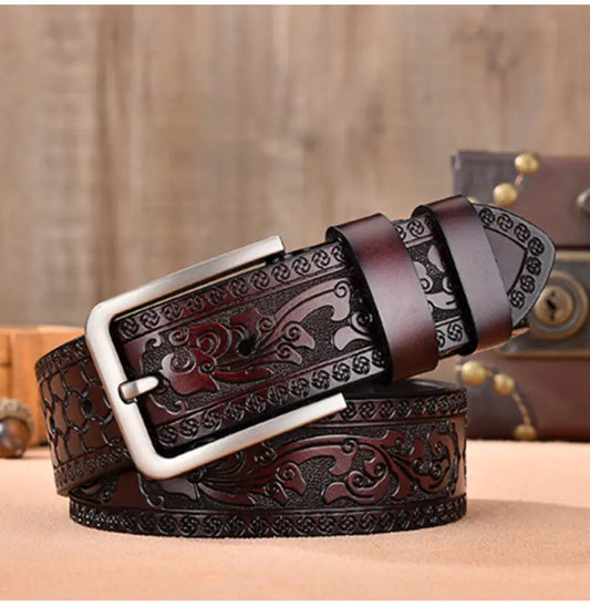 Retro Embossed Casual Men's Leather Belt - Black 3.8CM