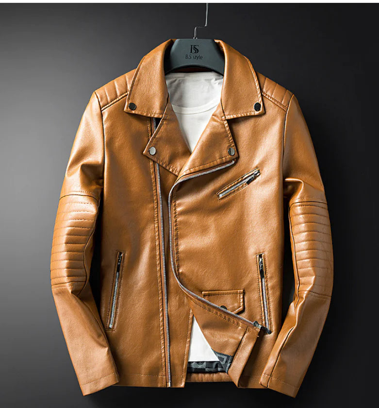 Men's Spring Autumn Leather Jacket with Zipper and Collar