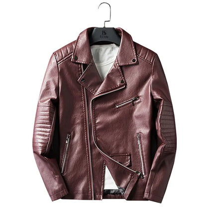 Men's Spring Autumn Leather Jacket with Zipper and Collar