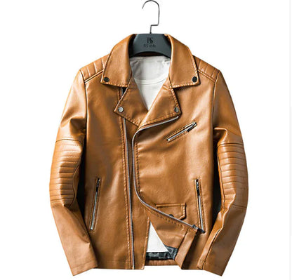 Men's Spring Autumn Leather Jacket with Zipper and Collar
