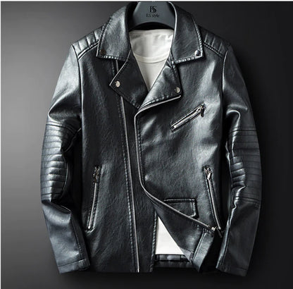 Men's Spring Autumn Leather Jacket with Zipper and Collar