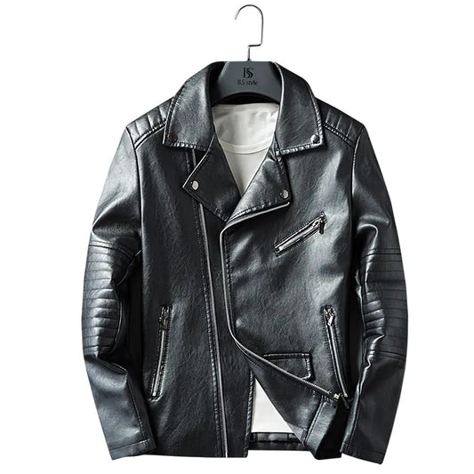 Men's Spring Autumn Leather Jacket with Zipper and Collar