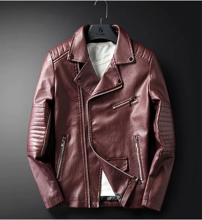 Men's Spring Autumn Leather Jacket with Zipper and Collar